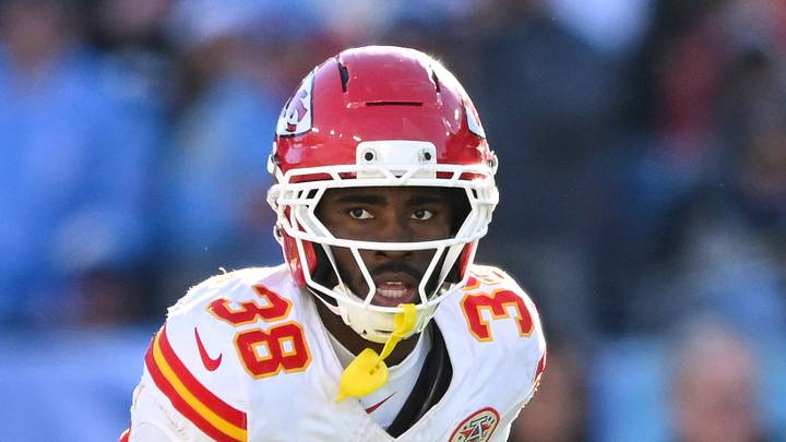 Dec 21, 2025; Nashville, Tennessee, USA;  Kansas City Chiefs cornerback Kevin Knowles (38) peaks into the backfield against the Tennessee Titans during the second half at Nissan Stadium. Mandatory Credit: Steve Roberts-Imagn Images