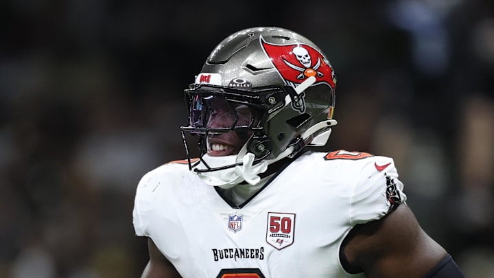 Tampa Bay Buccaneers linebacker Yaya Diaby runs off the field with the ball during the second quarter against the New Orleans Saints 