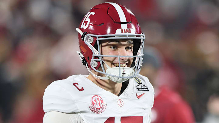 Dec 19, 2025; Norman, OK, USA; Alabama Crimson Tide quarterback Ty Simpson (15) during warmups prior to the CFP 1st Round Game against the Oklahoma Sooners at Gaylord Family OK Memorial Stadium. Mandatory Credit: Nelson Chenault-Imagn Images