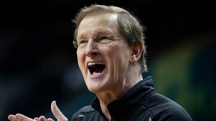Oregon head coach Dana Altman cheers on his team as the Oregon Ducks host the California Golden Bears Saturday, Jan. 13, 2024 at Matthew Knight Arena in Eugene, Ore. Oregon head coach Dana Altman cheers on his team as the Oregon Ducks host the California Golden Bears Saturday, Jan. 13, 2024 at Matthew Knight Arena in Eugene, Ore.