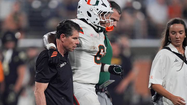Sep 18, 2026; Winston-Salem, North Carolina, USA; Miami (FL) Hurricanes running back Charmar Brown (6) is helped off the field during the first half against the Wake Forest Demon Deacons at Allegacy Federal Credit Union Stadium. Mandatory Credit: Jim Dedmon-Imagn Images Sep 18, 2026; Winston-Salem, North Carolina, USA; Miami (FL) Hurricanes running back Charmar Brown (6) is helped off the field during the first half against the Wake Forest Demon Deacons at Allegacy Federal Credit Union Stadium. Mandatory Credit: Jim Dedmon-Imagn Images
