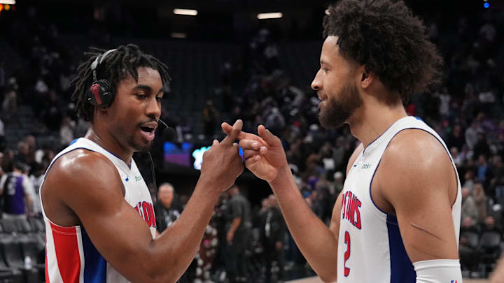 Dec 26, 2024; Sacramento, California, USA; Detroit Pistons guard Jaden Ivey (23) and guard Cade Cunningham (2) celebrate after the win against the Sacramento Kings at Golden 1 Center. Mandatory Credit: Kelley L Cox-Imagn Images Dec 26, 2024; Sacramento, California, USA; Detroit Pistons guard Jaden Ivey (23) and guard Cade Cunningham (2) celebrate after the win against the Sacramento Kings at Golden 1 Center. Mandatory Credit: Kelley L Cox-Imagn Images