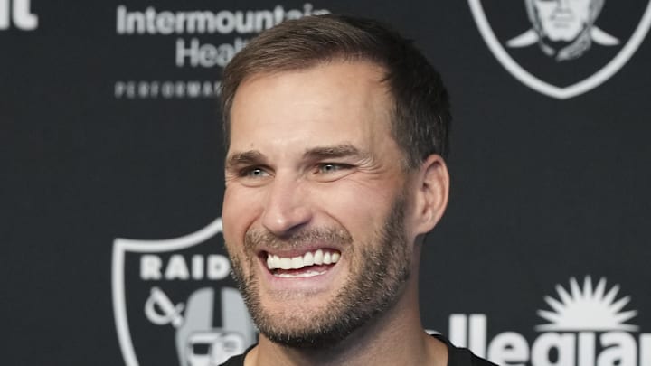 Las Vegas Raiders quarterback Kirk Cousins speaks at a press conference.
