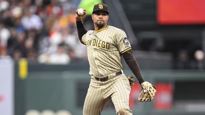 Jun 4, 2025; San Francisco, California, USA; San Diego Padres shortstop Xander Bogaerts (2) throws to first base for an out against the San Francisco Giants in the third inning at Oracle Park. 