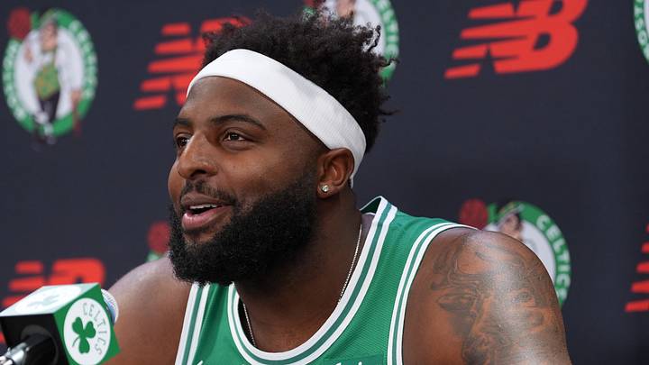 Sep 28, 2026; Boston, MA, USA; Boston Celtics center Mitchell Robinson (4) talks to reporters during media day at Auerbach Center. Mandatory Credit: David Butler II-Imagn Images