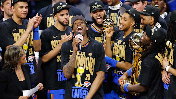 Jun 22, 2025; Oklahoma City, Oklahoma, USA; The Oklahoma City Thunder celebrate after winning game seven of the 2025 NBA Finals against the Indiana Pacers at Paycom Center. Mandatory Credit: Alonzo Adams-Imagn Images Jun 22, 2025; Oklahoma City, Oklahoma, USA; The Oklahoma City Thunder celebrate after winning game seven of the 2025 NBA Finals against the Indiana Pacers at Paycom Center. Mandatory Credit: Alonzo Adams-Imagn Images