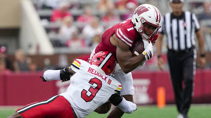 Wisconsin Badgers wide receiver Chris Brooks Jr. (1) is tackled by Maryland Terrapins linebacker Trey Reddick (3) during the third quarter at Camp Randall Stadium. Wisconsin Badgers wide receiver Chris Brooks Jr. (1) is tackled by Maryland Terrapins linebacker Trey Reddick (3) during the third quarter at Camp Randall Stadium.