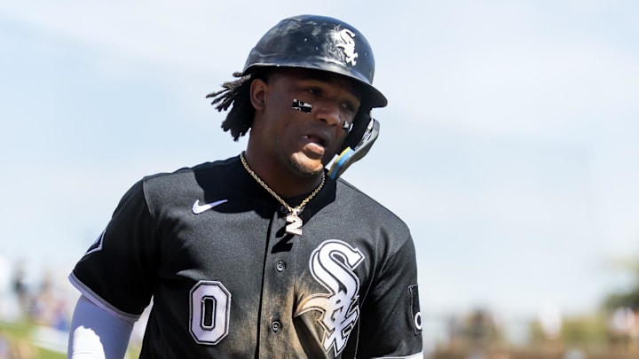 Mar 14, 2026; Phoenix, Arizona, USA; Chicago White Sox outfielder Luisangel Acuna against the Los Angeles Dodgers during a spring training game at Camelback Ranch-Glendale. Mandatory Credit: Mark J. Rebilas-Imagn Images