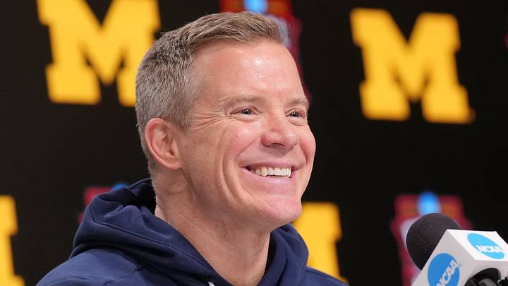 Apr 2, 2026; Indianapolis, IN, USA; Michigan head coach Dusty May during a press conference ahead of the Final Four of the men's 2026 NCAA Tournament at Lucas Oil Stadium. Mandatory Credit: Robert Deutsch-Imagn Images
