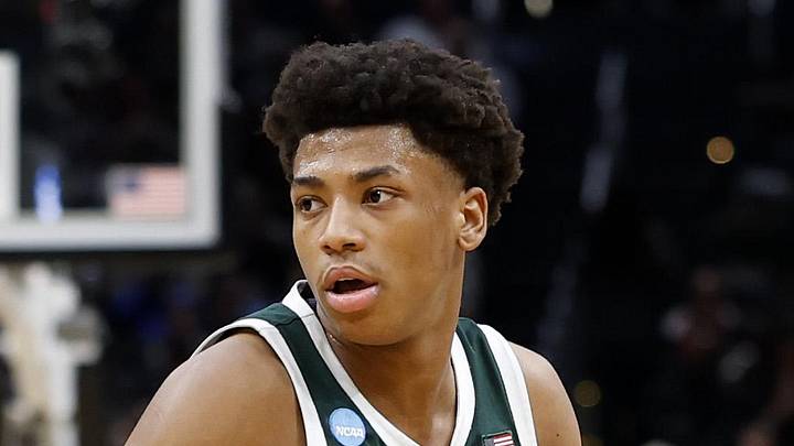 Mar 27, 2026; Washington, DC, USA; Michigan State Spartans guard Jeremy Fears Jr. (1) dribbles the ball against the UConn Huskies in the first half during a Sweet Sixteen game of the East Regional of the men's 2026 NCAA Tournament at Capital One Arena.