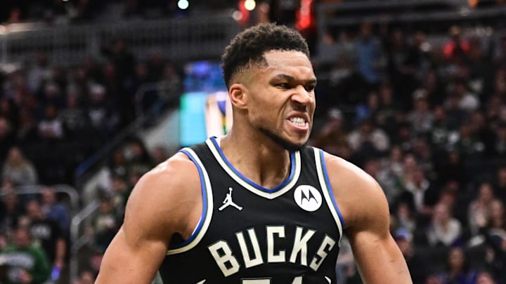 Nov 7, 2025; Milwaukee, Wisconsin, USA; Milwaukee Bucks forward Giannis Antetokounmpo (34) reacts after scoring a basket in the 3rd quarter against the Chicago Bulls at Fiserv Forum. Mandatory Credit: Benny Sieu-Imagn Images