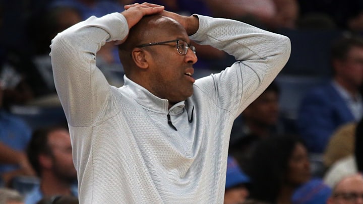 Apr 1, 2026; Memphis, Tennessee, USA; New York Knicks head coach Mike Brown reacts after a turnover during the second quarter against the Memphis Grizzlies at FedExForum. Mandatory Credit: Petre Thomas-Imagn Images