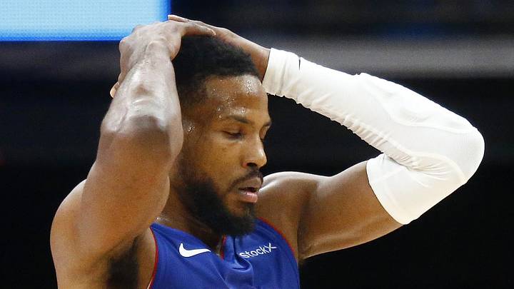 Nov 27, 2024; Memphis, Tennessee, USA; Detroit Pistons guard Malik Beasley (5) reacts during the first half against the Memphis Grizzlies at FedExForum. Mandatory Credit: Petre Thomas-Imagn Images