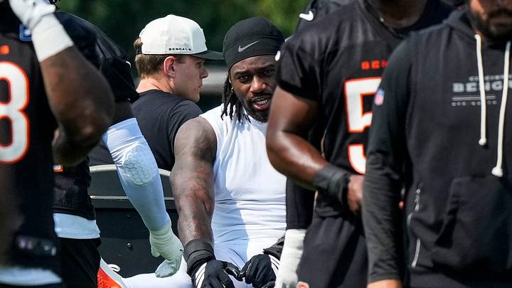 Cincinnati Bengals defensive end Shemar Stewart (94) is assisted off the field with an injury during the first day of Cincinnati Bengals training camp at the Paycor Stadium practice facility in downtown Cincinnati on Wednesday, July 29, 2026. Cincinnati Bengals defensive end Shemar Stewart (94) is assisted off the field with an injury during the first day of Cincinnati Bengals training camp at the Paycor Stadium practice facility in downtown Cincinnati on Wednesday, July 29, 2026.