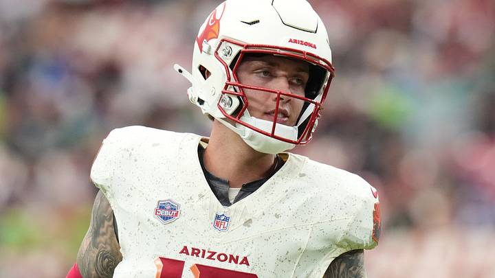 Arizona Cardinals quarterback Carson Beck (19) warms up before their game against the Seattle Seahawks at State Farm Stadium in Glendale on Sept. 20, 2026.
