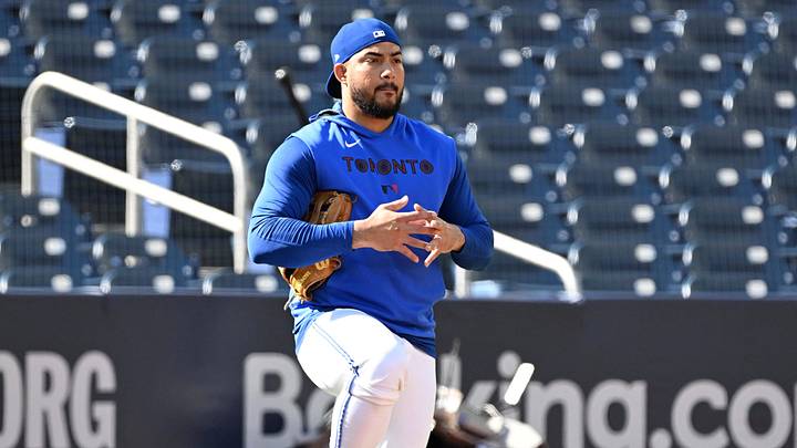 Oct 3, 2025; Toronto, Ontario, Canada; Toronto Blue Jays outfielder Anthony Santander (25) waits his turn at batting practice during workouts at Rogers Centre. Mandatory Credit: Dan Hamilton-Imagn Images