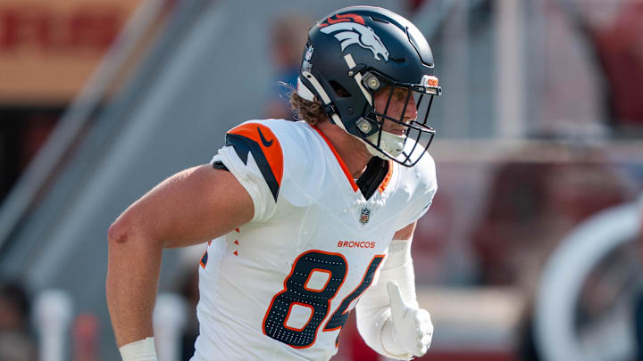August 9, 2025; Santa Clara, California, USA; Denver Broncos tight end Caleb Lohner (84) before the game against the San Francisco 49ers at Levi's Stadium. August 9, 2025; Santa Clara, California, USA; Denver Broncos tight end Caleb Lohner (84) before the game against the San Francisco 49ers at Levi's Stadium.