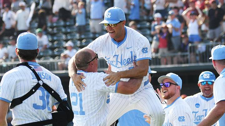 June 7, 2026; Chapel Hill, NC, USA; North Carolina Tar Heels head coach Scott Forbes celebrates a win with the coaching staff against the USC Trojans at Boshamer Stadium. Mandatory Credit: Zachary Taft-Imagn Images June 7, 2026; Chapel Hill, NC, USA; North Carolina Tar Heels head coach Scott Forbes celebrates a win with the coaching staff against the USC Trojans at Boshamer Stadium. Mandatory Credit: Zachary Taft-Imagn Images