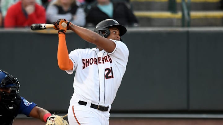 Shorebirds' Samuel Basallo (21) swings in the game against the Cannon Ballers Tuesday, April 11, 2023, at Perdue Stadium in Salisbury, Maryland. The Shorebirds defeated the Cannon Ballers 7-2/
