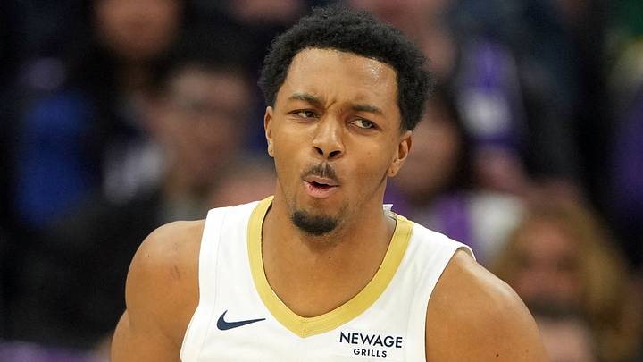 Apr 3, 2026; Sacramento, California, USA; New Orleans Pelicans forward Trey Murphy III (25) reacts after dunking against the Sacramento Kings during the third quarter at Golden 1 Center. Mandatory Credit: Darren Yamashita-Imagn Images
