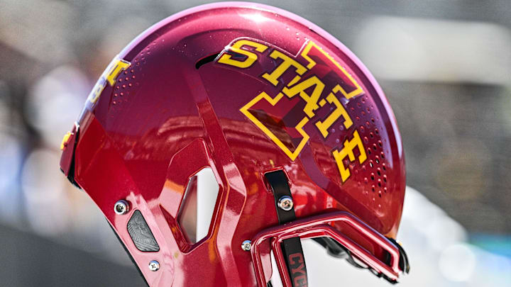 Sep 7, 2024; Iowa City, Iowa, USA; An Iowa State Cyclones helmet sits on the sidelines before the game against the Iowa Hawkeyes at Kinnick Stadium. 