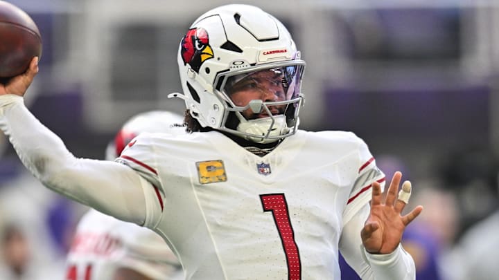 Dec 1, 2024; Minneapolis, Minnesota, USA; Arizona Cardinals quarterback Kyler Murray (1) throws a pass against the Minnesota Vikings during the second quarter at U.S. Bank Stadium. Mandatory Credit: Jeffrey Becker-Imagn Images Dec 1, 2024; Minneapolis, Minnesota, USA; Arizona Cardinals quarterback Kyler Murray (1) throws a pass against the Minnesota Vikings during the second quarter at U.S. Bank Stadium. Mandatory Credit: Jeffrey Becker-Imagn Images