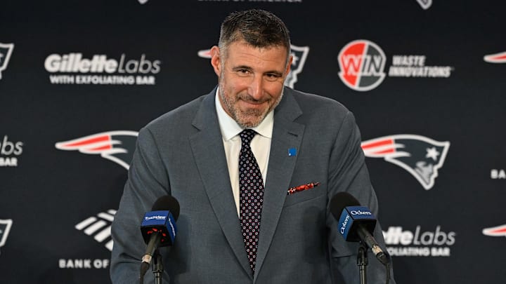 Jan 13, 2025; Foxborough, MA, USA; Mike Vrabel addresses media at a press conference to announce his hiring as the New England Patriots head coach at Gillette Stadium. Mandatory Credit: Eric Canha-Imagn Images