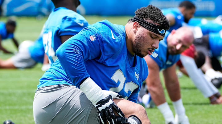 Detroit Lions guard Christian Mahogany (73) practices during OTA at team's Performance Center in Allen Park Detroit Lions guard Christian Mahogany (73) practices during OTA at team's Performance Center in Allen Park