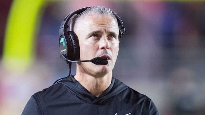 Florida State Seminoles head coach Mike Norvell walks down the field. The Miami Hurricanes lead the Florida State Seminoles 14-3 at the half on Saturday, Oct. 4, 2025.