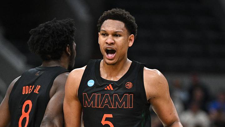 Mar 22, 2026; St. Louis, MO, USA; Miami Hurricanes forward Malik Reneau (5) celebrates with Miami Hurricanes center Ernest Udeh Jr. (8) after a play during the first half against the Purdue Boilermakers during a second round game of the men's 2026 NCAA Tournament at Enterprise Center. Mandatory Credit: Jeff Le-Imagn Images Mar 22, 2026; St. Louis, MO, USA; Miami Hurricanes forward Malik Reneau (5) celebrates with Miami Hurricanes center Ernest Udeh Jr. (8) after a play during the first half against the Purdue Boilermakers during a second round game of the men's 2026 NCAA Tournament at Enterprise Center. Mandatory Credit: Jeff Le-Imagn Images