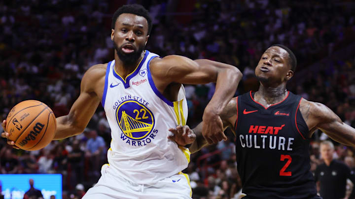 Mar 26, 2024; Miami, Florida, USA; Golden State Warriors forward Andrew Wiggins (22) drives to the basket against Miami Heat guard Terry Rozier (2) during the second quarter at Kaseya Center. Mandatory Credit: Sam Navarro-Imagn Images Mar 26, 2024; Miami, Florida, USA; Golden State Warriors forward Andrew Wiggins (22) drives to the basket against Miami Heat guard Terry Rozier (2) during the second quarter at Kaseya Center. Mandatory Credit: Sam Navarro-Imagn Images
