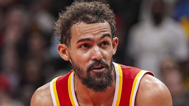 Trae Young #11 of the Atlanta Hawks reacts against the New York Knicks.