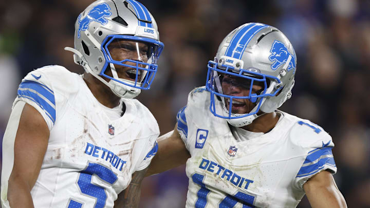 Detroit Lions running back David Montgomery (5) reacts after scoring a touchdown against the Baltimore Ravens Detroit Lions running back David Montgomery (5) reacts after scoring a touchdown against the Baltimore Ravens