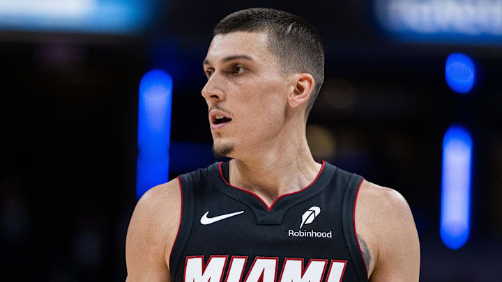Miami Heat guard Tyler Herro (14) in the second half  (Mandatory Credit: Trevor Ruszkowski-Imagn Images)