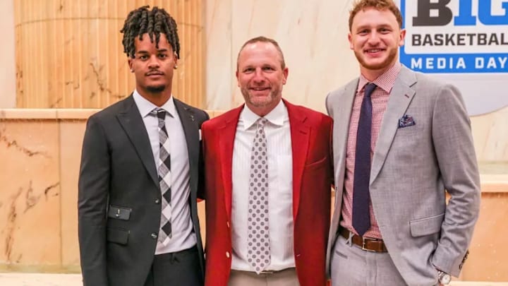 Indiana guard Lamar Wilkerson, coach Darian DeVries and forward Tucker DeVries during Big Ten Media Day on Oct. 9, 2025.