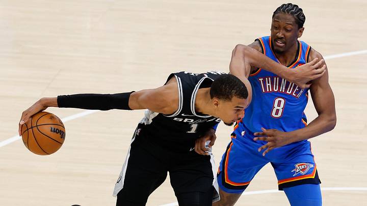May 18, 2026; Oklahoma City, Oklahoma, USA; San Antonio Spurs center Victor Wembanyama (1) drives the ball past Oklahoma City Thunder forward Jalen Williams (8) during Game 1 of the Western Conference Finals for the 2026 NBA Playoffs at Paycom Center. May 18, 2026; Oklahoma City, Oklahoma, USA; San Antonio Spurs center Victor Wembanyama (1) drives the ball past Oklahoma City Thunder forward Jalen Williams (8) during Game 1 of the Western Conference Finals for the 2026 NBA Playoffs at Paycom Center.