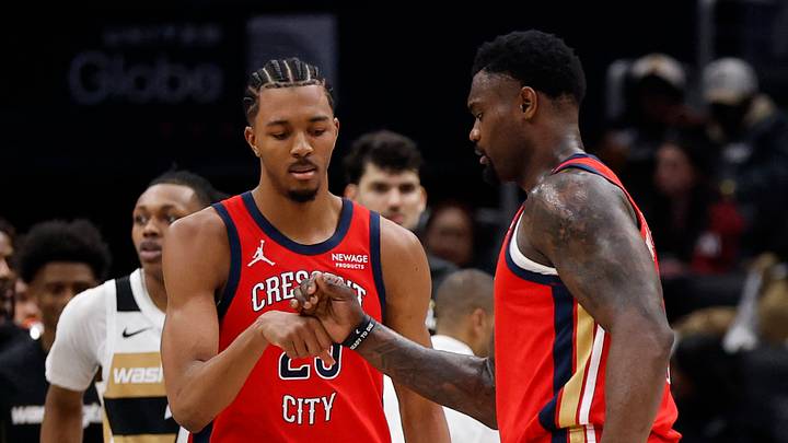 Jan 9, 2026; Washington, District of Columbia, USA; New Orleans Pelicans forward Trey Murphy III (25) celebrates with Pelicans forward Zion Williamson (1) against the Washington Wizards in the second half at Capital One Arena. Mandatory Credit: Geoff Burke-Imagn Images Jan 9, 2026; Washington, District of Columbia, USA; New Orleans Pelicans forward Trey Murphy III (25) celebrates with Pelicans forward Zion Williamson (1) against the Washington Wizards in the second half at Capital One Arena. Mandatory Credit: Geoff Burke-Imagn Images