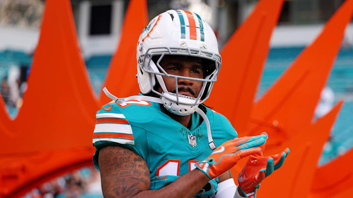 Dec 21, 2025; Miami Gardens, Florida, USA; Miami Dolphins wide receiver Jaylen Waddle (17) reacts during the second quarter against the Cincinnati Bengals at Hard Rock Stadium. Mandatory Credit: Nathan Ray Seebeck-Imagn Images