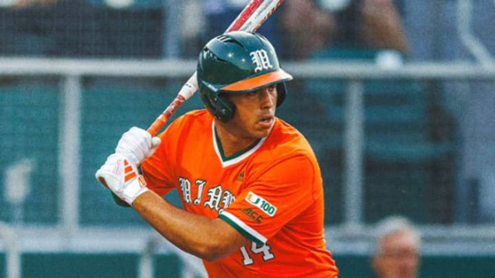 Miami Hurricanes Third Baseman Daniel Cuvet at bat against Duke on Friday Night Matchup.