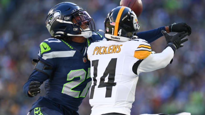 Dec 31, 2023; Seattle, Washington, USA; Seattle Seahawks cornerback Riq Woolen (27) breaks up a pass