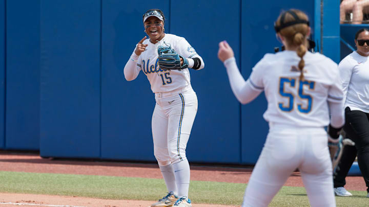 UCLA Bruins Jordan Woolery (15) secures Softball America's top spot in first base rankings for the month of May. 
