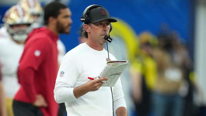 Oct 2, 2025; Inglewood, California, USA; San Francisco 49ers head coach Kyle Shanahan during the second half at SoFi Stadium. Mandatory Credit: Kirby Lee-Imagn Images