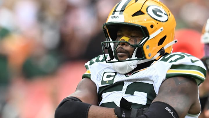 Green Bay Packers defensive end Rashan Gary (52) celebrates after a sack against the Cleveland Browns.