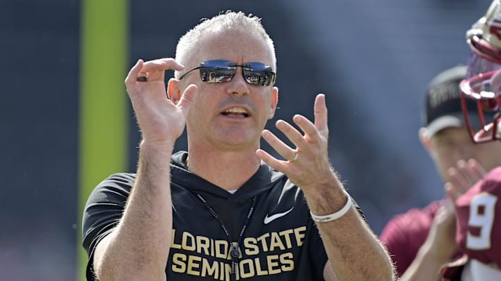 Oct 11, 2025; Tallahassee, Florida, USA; Florida State Seminoles head coach Mike Norvell before the game against the Pittsburgh Panthers at Doak S. Campbell Stadium. Mandatory Credit: Melina Myers-Imagn Images
