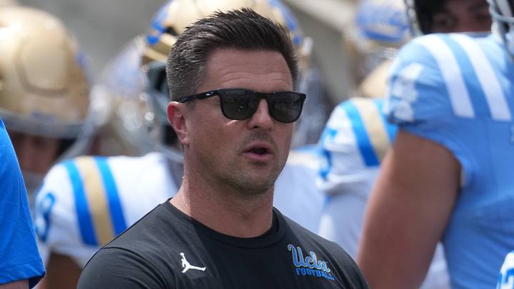 May 2, 2026; Pasadena, CA, USA; UCLA Bruins coach Bob Chesney (left) and son Bob Chesney watch during the spring game at Rose Bowl. Mandatory Credit: Kirby Lee-Imagn Images