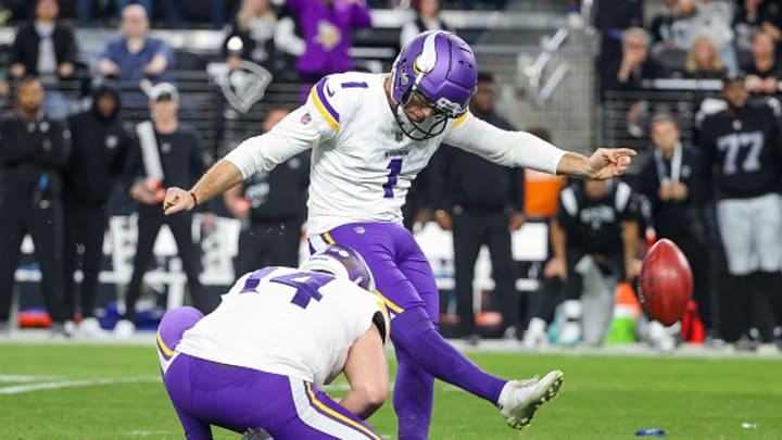Former Minnesota Vikings kicker Greg Joseph kicks a field goal in 2023.