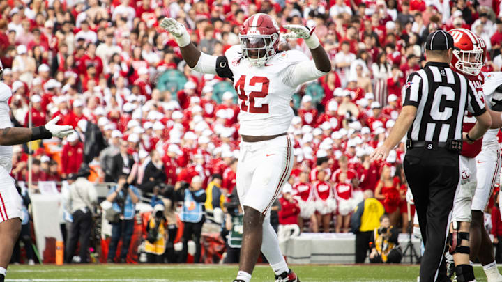 Alabama linebacker Yhonzae Pierre celebrates his sack in the first half of the Rose Bowl on Jan. 1, 2026.