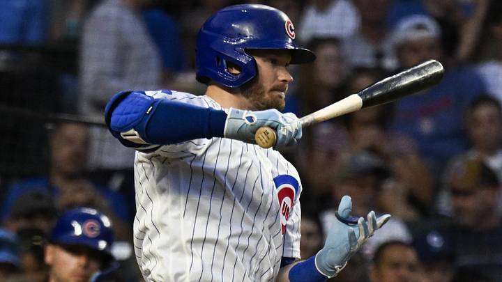 Jun 4, 2026; Chicago, Illinois, USA;  Chicago Cubs left fielder Ian Happ (8) strikes out swinging during the fourth inning against then Oakland Athletics at Wrigley Field. Mandatory Credit: Matt Marton-Imagn Images
