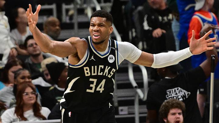 Milwaukee Bucks forward Giannis Antetokounmpo (34) reacts (Mandatory Credit: Benny Sieu-Imagn Images)