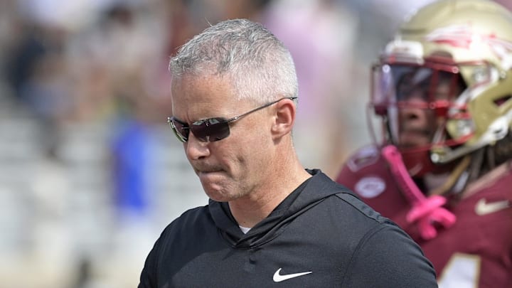 Oct 11, 2025; Tallahassee, Florida, USA; Florida State Seminoles head coach Mike Norvell after losing the game to the Pittsburgh Panthers at Doak S. Campbell Stadium. Mandatory Credit: Melina Myers-Imagn Images
